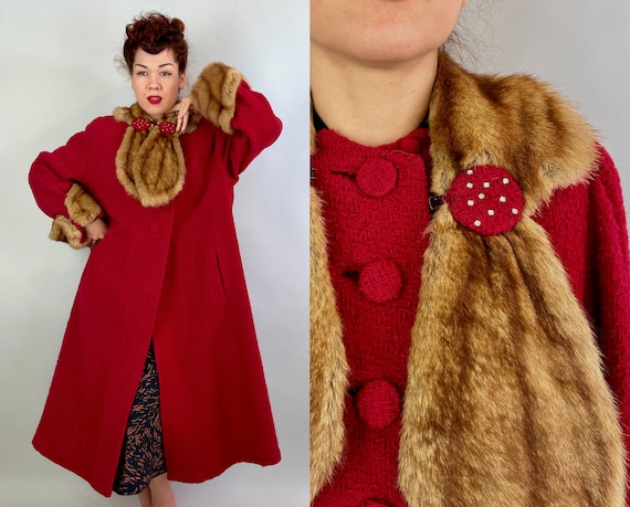 1940s Foxy Franny's Red Hot Coat | Vintage 40s Cranberry Boucle Wool Swing Overcoat with Fox Fur Rhinestone Collar & Cuffs | Extra Large XL