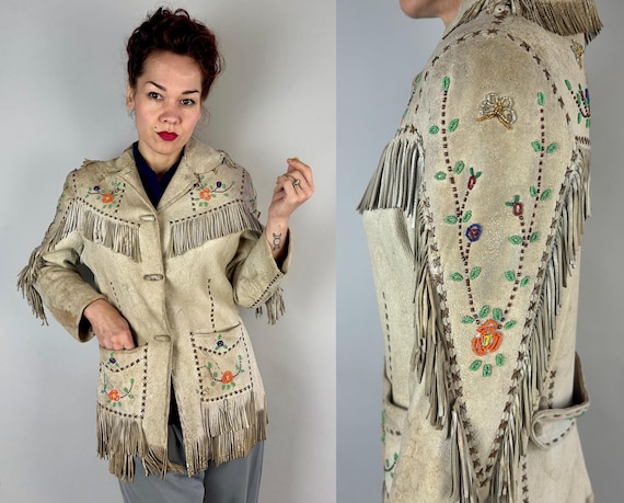 1940s Beaded Buckskin Jacket | Vintage 40s White Leather Western Country Cowgirl Fringe Coat with Floral Nezperce Beading | Small Medium