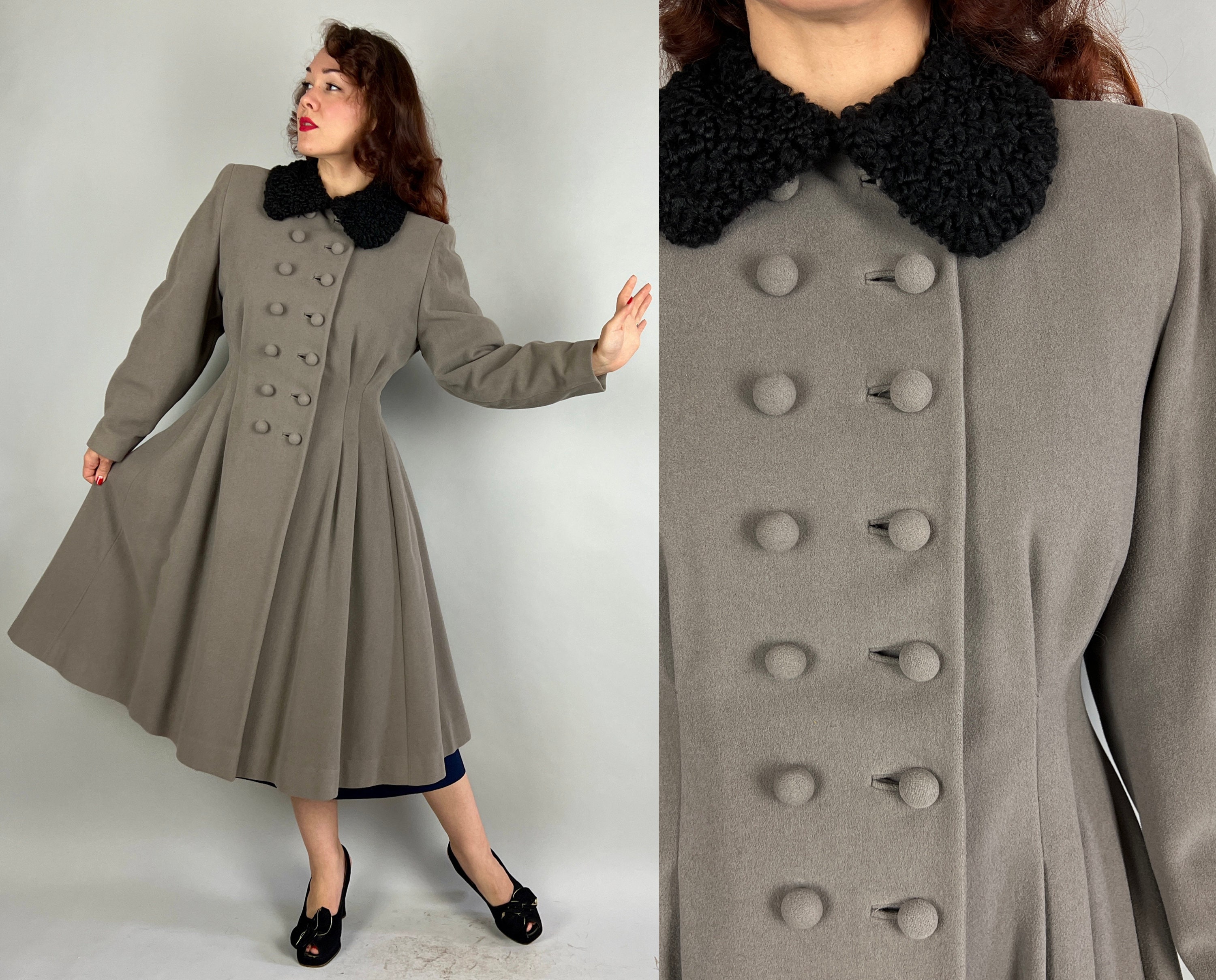 1940s Princess in Pewter Coat Vintage 40s Grey Wool Full Skirt