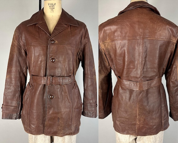 1930s Sportster Leather Jacket | Vintage 30s Umber Brown Button Down Western Motorcycle Coat with Belted Back & Plaid Fleece Lining | Large