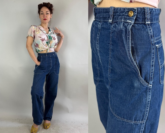 1950s Down the Docks Dungarees | Vintage 50s Classic Dark Blue Denim Side Zip High Waist Jeans with White Top Stitching | Medium