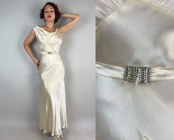 1930s Dinner At Eight Gown | Vintage 30s Jean Harlow Ivory White Rayon Satin Curve Hugging Dress with Deco Rhinestone Belt | Small Medium