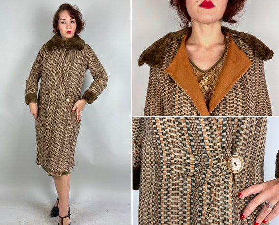 1920s Deco Darling Coat | Vintage 20s Orange, Charcoal & Ivory Checker Tweed Wool and Mouton Overcoat with Sunray Bakelite Button | Small
