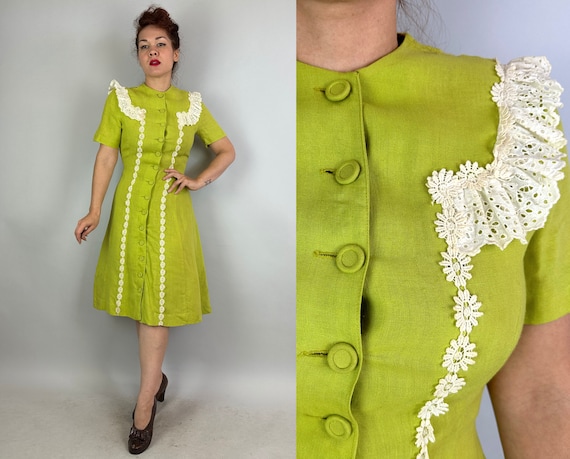 1930s Chartreuse Cheri Dress | Vintage 30s Fluorescent Green Linen Button Up Frock with White Eyelet and Daisy Chain Lace | Small Medium