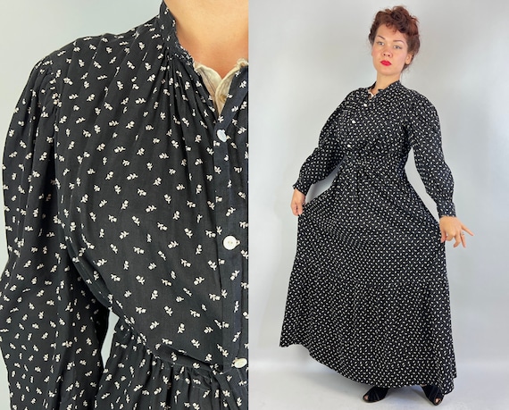 1800s Casual Calico Cotton Dress | Vintage Antique Victorian Black and White Micro Floral Print Farm Frock with Drawstring Waist | Large