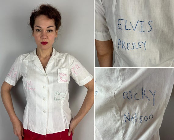 1950s Can I Get Your Autograph Blouse | Vintage 50s White Cotton Signature Shirt w/Pink Blue Green Famous Names Embroidery | Small Medium