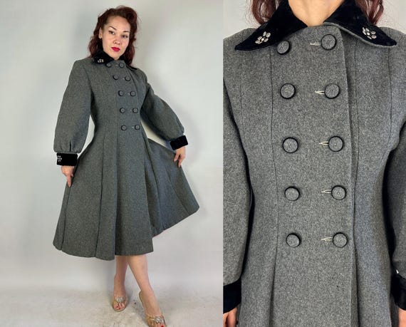 1940s Prim and Proper Princess Coat | Vintage 40s Double Breasted Grey Wool Overcoat w/Black Velvet Silver Studded Accents | Small Medium