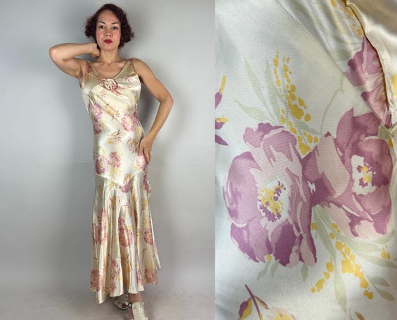 1930s Garden Glamor Gown | Vintage 30s White Pink and Yellow Floral Silk Satin Bias Cut Dress w/Low Back & Giant Bow | Small Medium Large