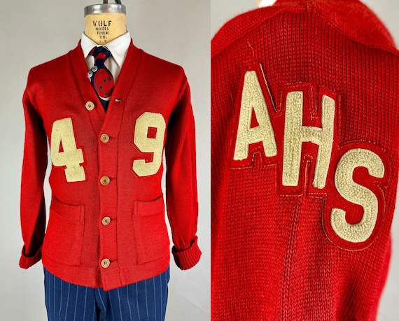 1940s Lucky Game Day Cardigan | Vintage 40s Red Wool Knit with White Varsity Patches Letterman Sweater Dated 1949! | Small Medium