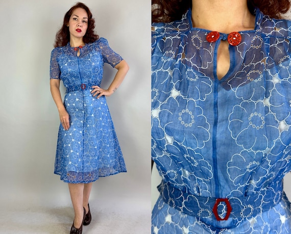 1930s Spring Fling Frock | Vintage 30s Sheer Cornflower Blue White Eyelet Floral Organza Dress with Puff Sleeves & Bakelite Accents | Medium