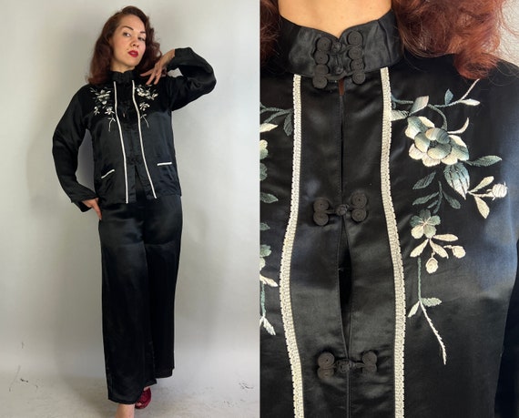 1940s Mistress Midnight Lounge Set | Vintage 40s Silk Asian Souvenir Pajama Loungewear Ensemble Shirt Pants in Black and White | Medium