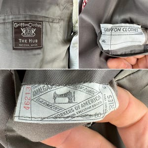 Pak van staal uit de jaren 50 | Vintage jaren 50 tweedelig grijs wollen jasje met enkele rij knopen en ingekeepte revers en Hollywood-taillebroeken | Maat 42 (groot) afbeelding 11