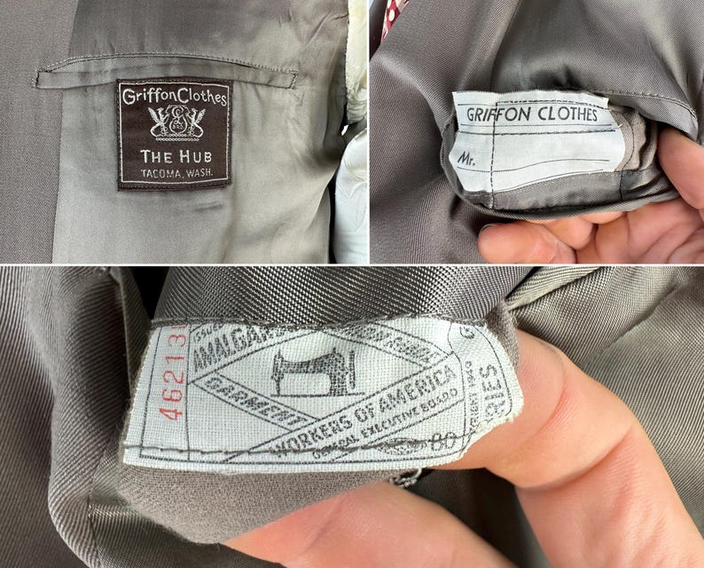 Pak van staal uit de jaren 50 | Vintage jaren 50 tweedelig grijs wollen jasje met enkele rij knopen en ingekeepte revers en Hollywood-taillebroeken | Maat 42 (groot) afbeelding 11