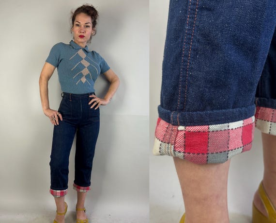 1950s Ring My Bell Blue Jeans | Vintage 50s Indigo Denim Side Zip Dungarees w/Orange Top Stitching & Flannel Lining | Small Extra Small XS