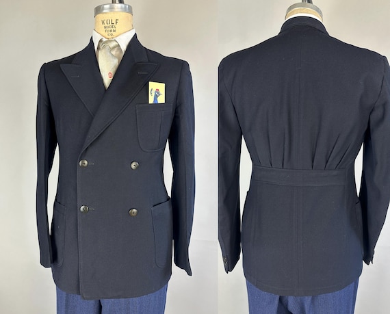 1930s Brilliant in Black Belted Back Jacket | Vintage 30s Noir Wool Double Breasted Blazer with Pleats and Peak Lapels | Size 38 Medium