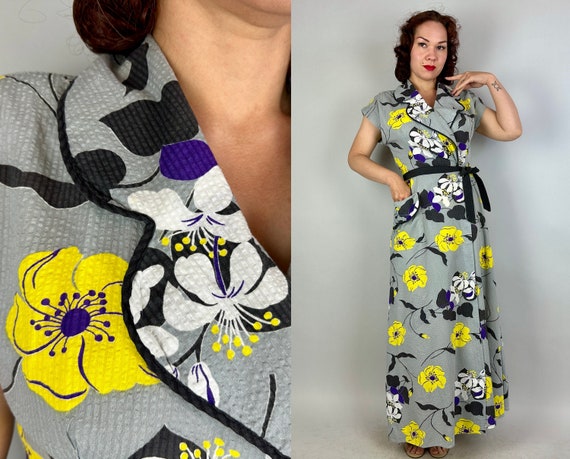 1940s Grey Gardens Dressing Gown | Vintage 40s Gray Yellow Purple and Black Floral Seersucker Cotton Wrap House Dress | Small Medium Large