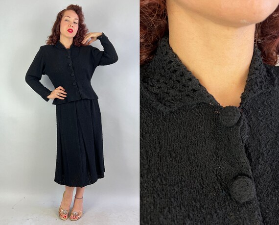 1950s Leave it to the Imagination Knit Set | Vintage 50s Two Piece Wool Knitwear Cardigan & Wiggle Skirt Ensemble in Raven Black | Large/XL