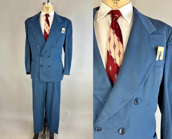 1940s Significant Sir Suit | Vintage 40s Slate Blue Wool Gabardine Double Breasted Peak Lapel Jacket and Pants Set | Size 44 Extra Large XL