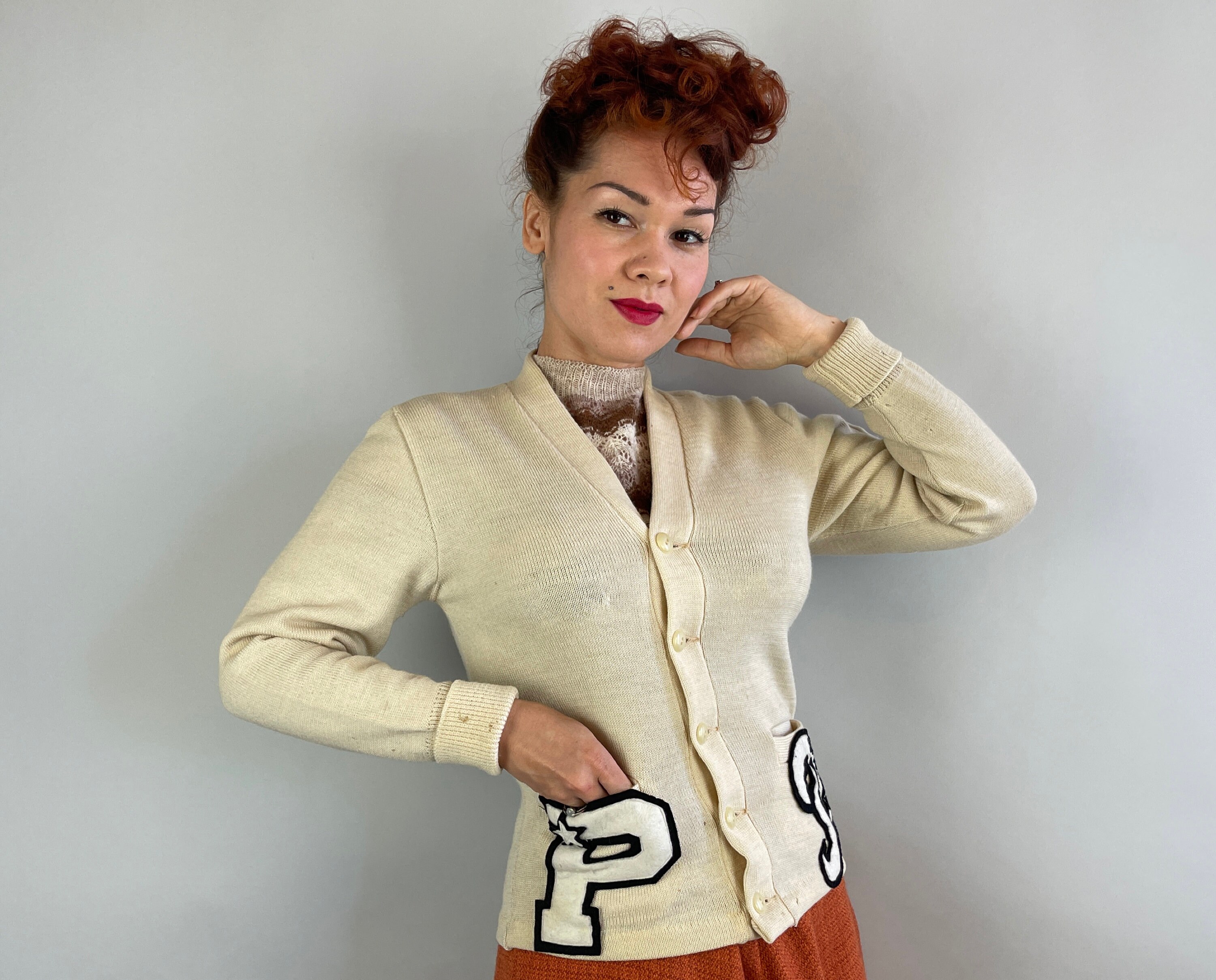 1950s Collegiate Cutie Cardigan | Vintage 50s Ivory White Wool Knit ...