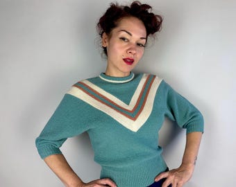 1950s Charmed in Chevron Sweater | Vintage 50s Teal Blue Coral Pink White & Gold Boucle Knit Pullover with 3/4 Sleeve | Small Medium Large
