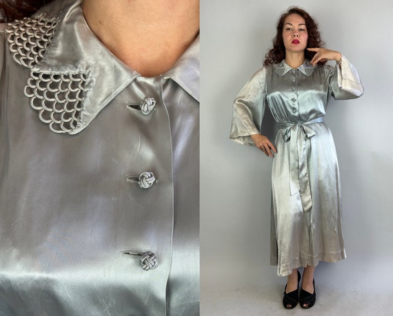 1930s Silver Siren Dressing Gown | Vintage 30s Icy Silver Blue Liquid Rayon Satin Button Up Hostess Lounge Dress with Sash Belt | Large