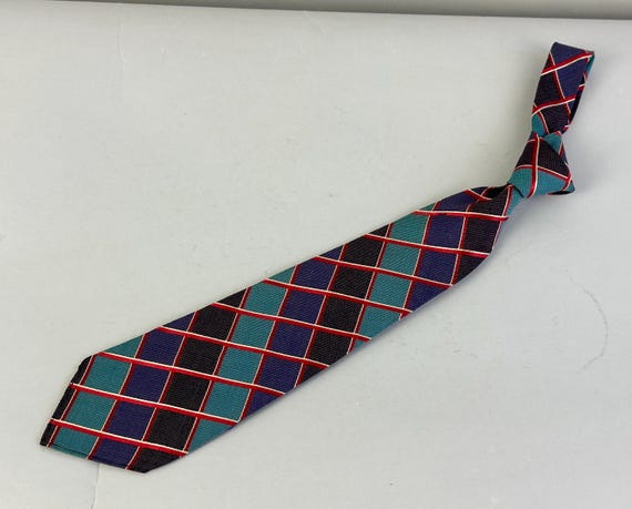 1930s Diamonds are Forever Necktie | Vintage 30s Shades of Blue Wool & Red Silk Windowpane Plaid Stripes "Partridge Cloth" Self Tie Cravat