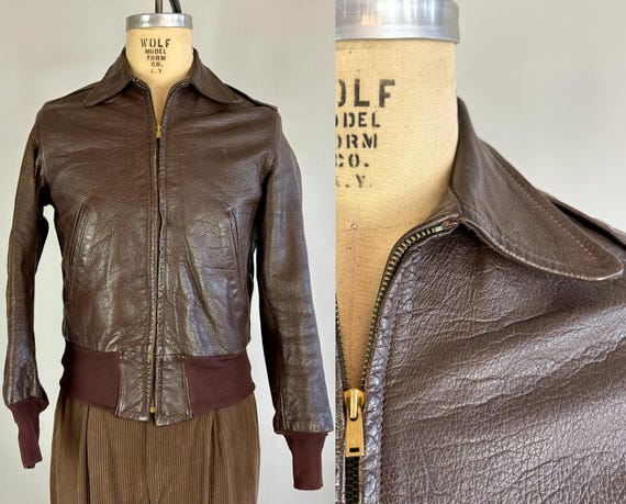 1940s Fearless Flyboy A-2 Jacket | Vintage 40s Hickory Brown Leather A2 Bomber Motorcycle Driving Coat with Hand-warmer Pockets | Small