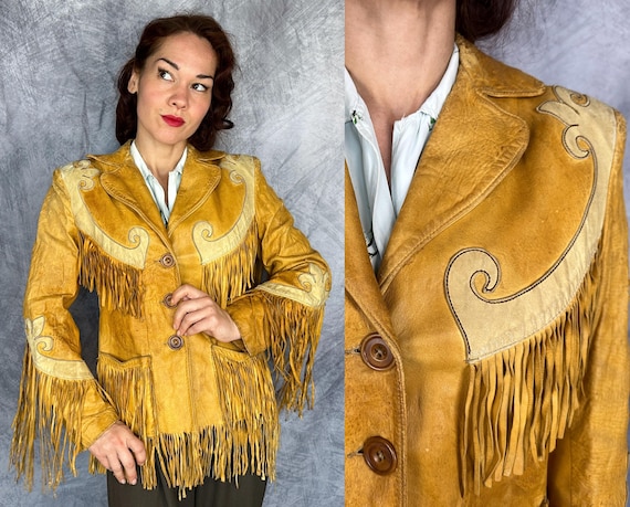 1940s Can't Stop Cowgirl Jacket | Vintage 40s Yellow Leather Fringe Western Coat with Ivory Scroll Applique Accents | Extra Small XS