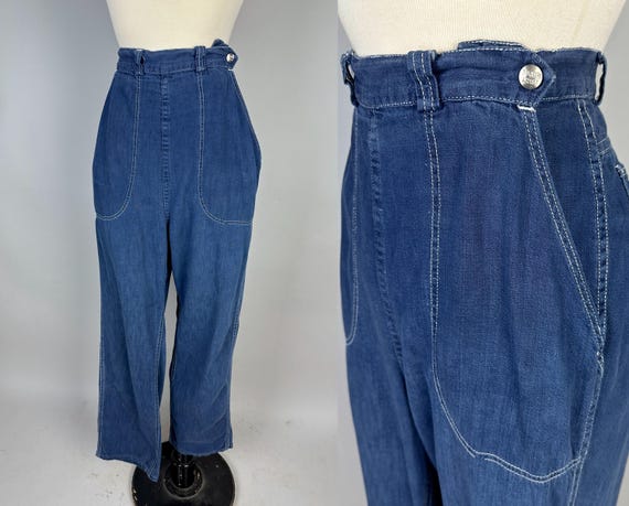 1950s Rockin' "Ranch Craft" Dungarees | Vintage 50s Blue Denim Side Zip Jeans with White Top Stitching and Flexible Waist Closure | Medium
