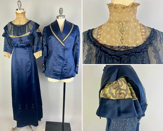 1910s Beauty in Blue Dress Ensemble | Vintage Antique Edwardian Teens Two Piece Midnight Silk & Ivory Lace Gown with Jacket | Extra Small XS