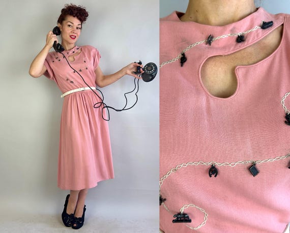 1940s Chained To Your Charm Dress | Vintage 40s Pink Cotton Wool Novelty Frock w/Cutout White Embroidered Chain & Dangling Charms! | Medium