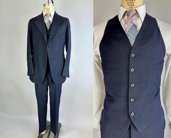 1920s Dapper David's Suit | Vintage Antique 20s Deep Navy Blue Wool Three-Piece Jacket Vest and Pants Set | Size 38 Medium