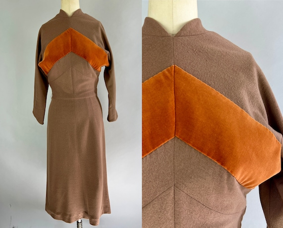 1940s Charlotte's Chevron Dress | Vintage 40s Wool and Velveteen Color Block Wiggle Frock with Dolman Sleeves in Rust and Warm Taupe | Small