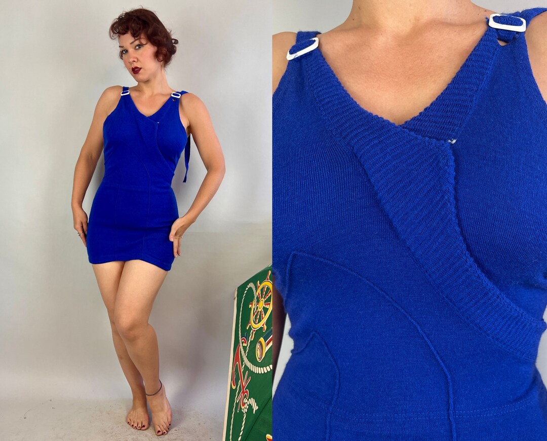 1930s Deco Darling Swimsuit Vintage 30s Blue Wool Knit One Piece