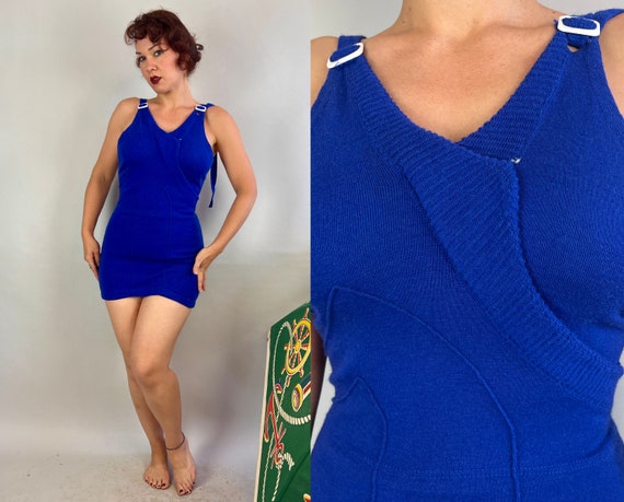 1930s Deco Darling Swimsuit | Vintage 30s Blue Wool Knit One Piece Bathing Suit w/Asymmetric Strap Adjusters and Peaked Seams | Small Medium