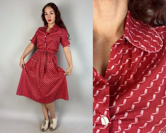 1930s Pen Pal Blouse & Wrap Skirt Ensemble | Vintage 30s Apple Red Cotton with Pale Pink Fountain Pen Nib Print Dress Set | Extra Small XS