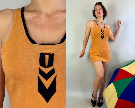 1920s Bewitching Bathing Suit | Vintage 20s Orange and Black Wool Two Tone Color Block Art Deco Swimsuit Bathing Costume | Medium Large