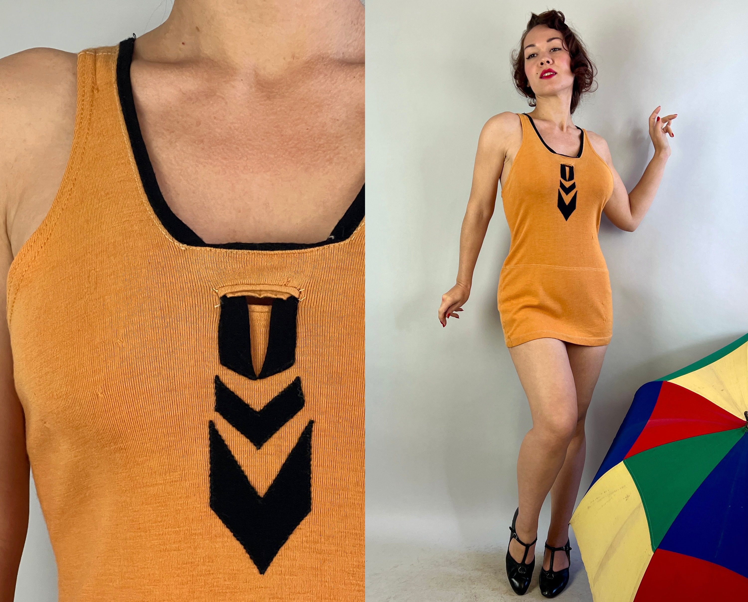 Men’s 1920s Style Ties, Neck Ties & Bowties 1920S Bewitching Bathing Suit  Vintage 20S Orange  Black Wool Two Tone Color Block Art Deco Swimsuit Costume Medium Large $275.00 AT vintagedancer.com