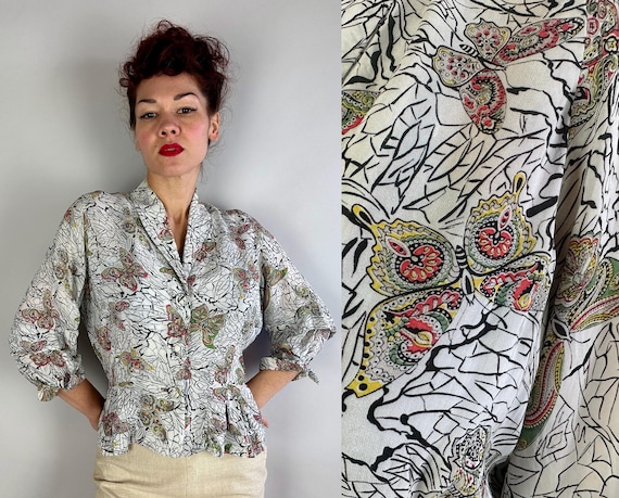 1940s Butterflies in Broken Glass Blouse | Vintage 40s White Silky Rayon Peplum Button Up Shirt with Stained Glass Butterfly Print | Large