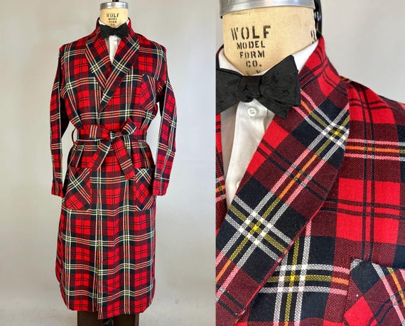 1950s Warm Woodsy Robe | Vintage 50s Deadstock Red Black and White Plaid Flannel Loungewear Smoking Jacket with Belt and Pockets | Medium