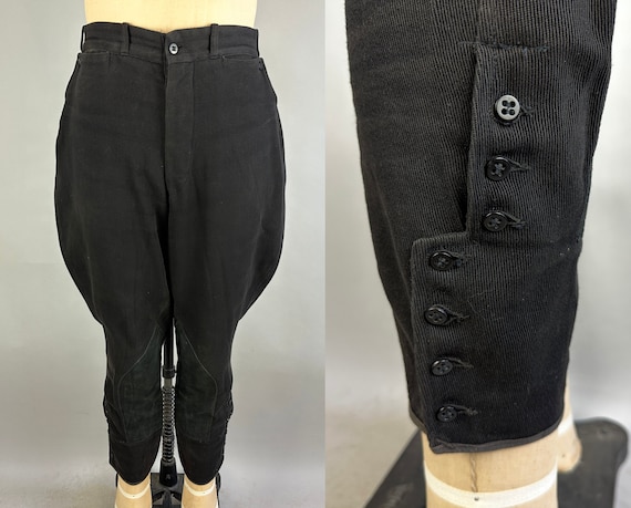 1930s Adventure Breeches | Vintage 30s Black Cotton Twill Whipcord Horse Riding Pants Jodhpurs with Button Fly and Cuffs | 34" Waist Medium