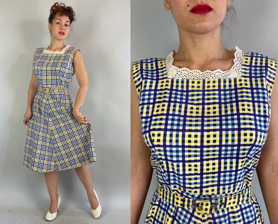 1940s Fun and Fabulous Frock | Vintage 40s Yellow Purple Blue and White Plaid Cotton Dress with Eyelet Lace and Matching Belt | Medium