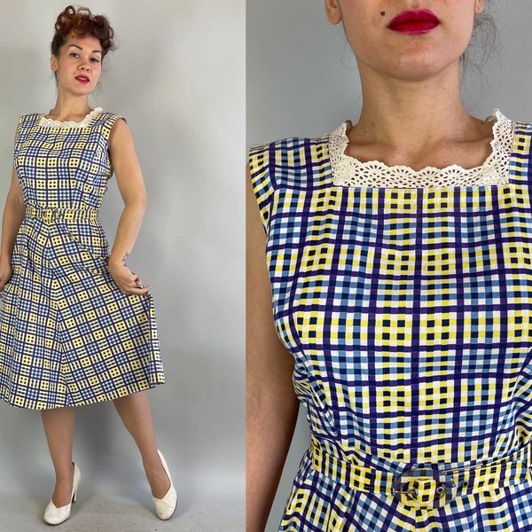 1940s Fun and Fabulous Frock | Vintage 40s Yellow Purple Blue and White Plaid Cotton Dress with Eyelet Lace and Matching Belt | Medium