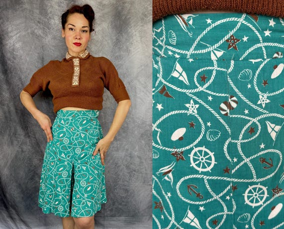1930s Sail Away Sailor Skort | Vintage 30s Teal Cotton White and Brown Nautical Novelty Print Pleated Culottes Shorts | Extra Small XS