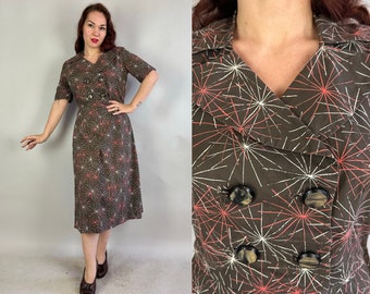 1940s Sally Loves Sparklers Frock | Vintage 40s Brown Cotton Double Breasted Dress w/White and Coral Firework Novelty Print | Extra Large XL