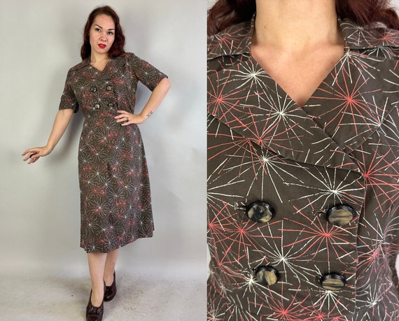 1940s Sally Loves Sparklers Frock | Vintage 40s Brown Cotton Double Breasted Dress w/White and Coral Firework Novelty Print | Extra Large XL