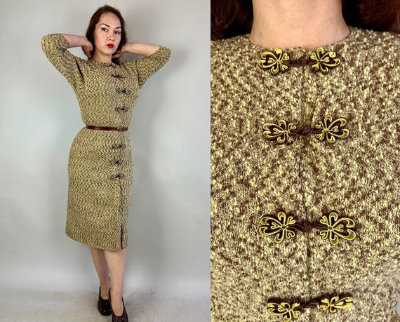 1940s Frannie's Fantastic Flecked Knit Dress | Vintage 40s Yellow and Brown Nubby Boucle Wool Frock with Frog Toggle Closures | Medium Large