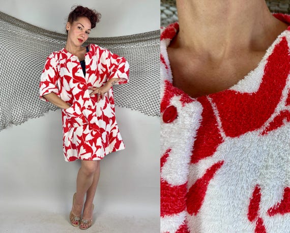 1960s Blossom at the Beach Coverup | Vintage 60s White and Red Bold MCM Floral Terrycloth Swimwear Swimsuit Jacket with Pocket