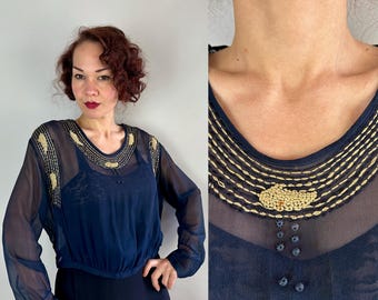 May include: Navy blue sheer blouse with long sleeves and a scoop neckline. The neckline and upper chest are adorned with gold-colored embroidery. The blouse has small, decorative buttons down the front. The garment is a vintage style.