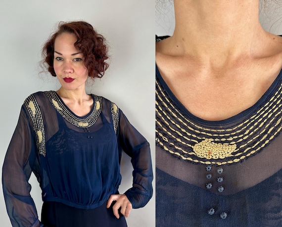 1910s Nubile Art Nouveau Blouse | Vintage Teens Dark Blue Sheer Silk Chiffon Top Ecru and Navy Embroidery and Pintucks | Extra Large XL